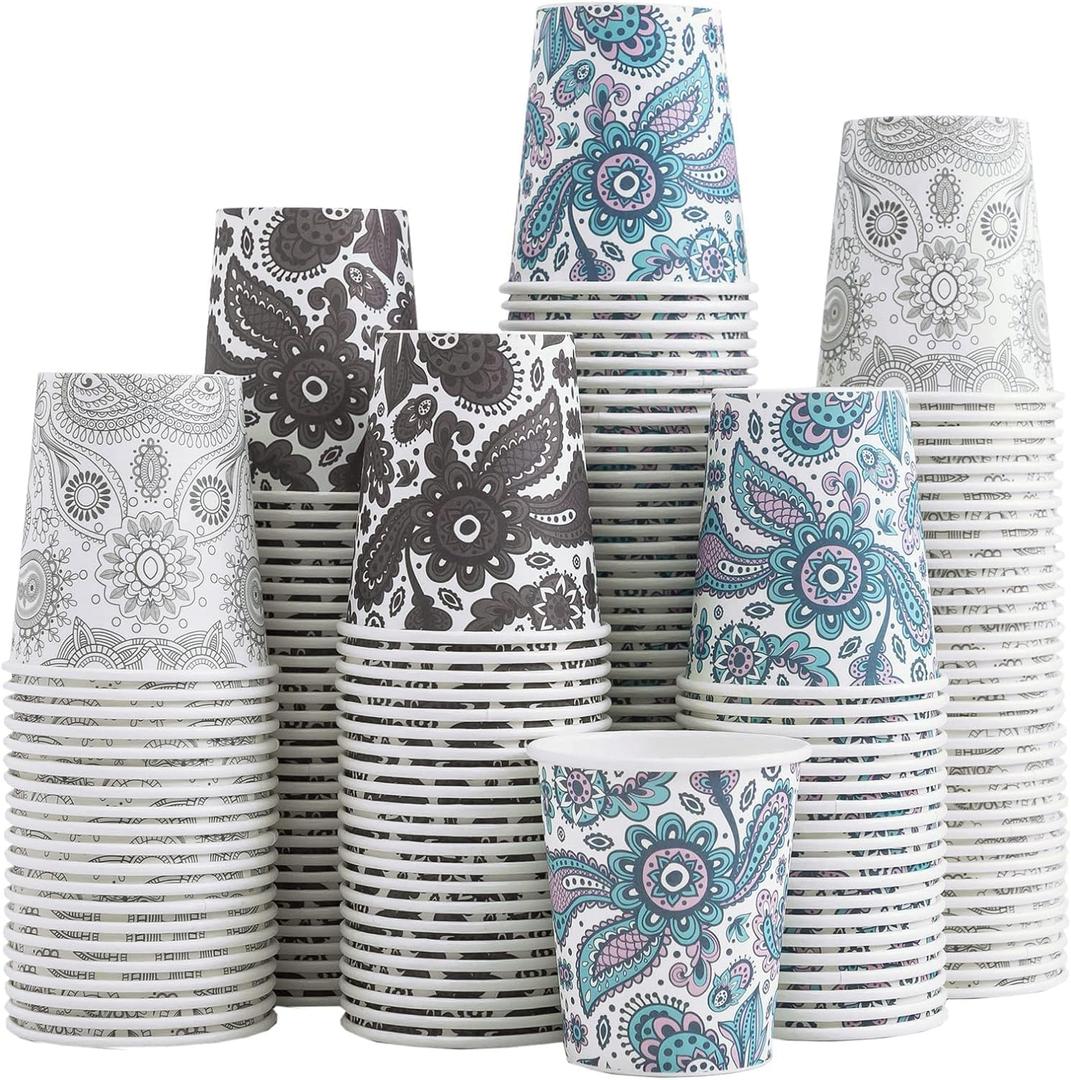 [300 Pack] 3 oz Disposable Paper Cups, Small Mouthwash 3 OZ Mini Bathroom Cups 3 Ounce for Supermarket, Birthday Party, Travel, Events, Picnic, BBQ (Paisley) (Gray)