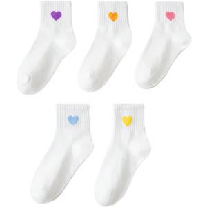 Verdusa Boy's 5 Pairs Cute Heart Graphic Crew Socks Soft Breathable Ankle Socks Set (White)