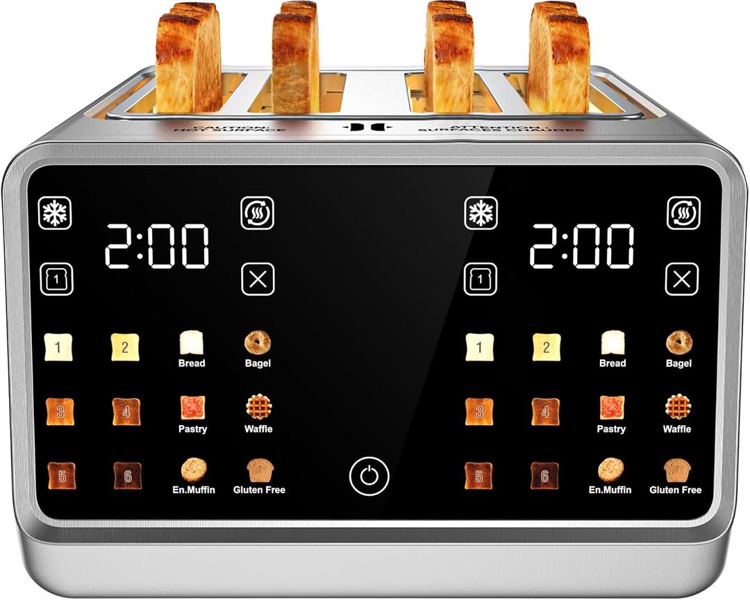 4 Slice Toaster with Dual Touchscreen, 1800W Stainless Steel Dual Zone Independent Control Extra Wide Slot 1.5 Inch, Smart BreadID Timer for Bagel Waffle, Kitchen Essentials
