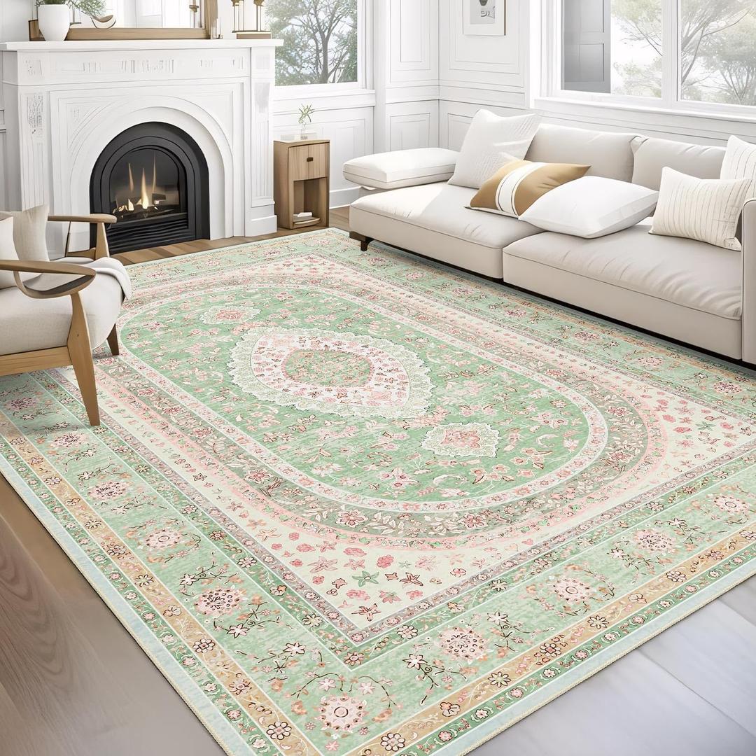 8x10 Area Rugs Washable,Green Rug for Living Room Bedroom Dining Room,Large Boho Vintage Bohemian Distressed Oriental Carpet Non Slip,Sage Blush Floral