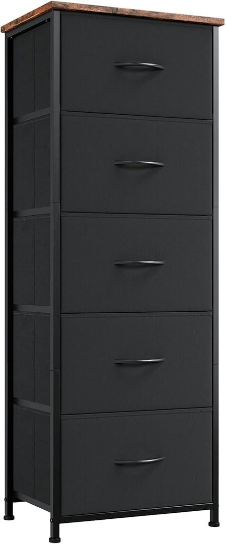 Somdot Tall Dresser for Bedroom with 5 Drawers, Storage Chest of Drawers with Removable Fabric Bins for Closet Bedside Nursery Laundry Living Room Entryway Hallway, Black (11.8"D x 16.5"W x 45.1"H (5 Drawers), Black Rustic Brown)