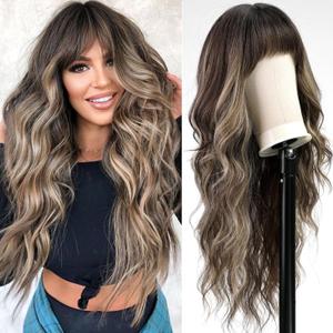 Ombre Brown Wigs with Bangs,Brown Highlight Long Wavy Wig for Women,Long Curly Wigs Synthetic Hair Wig for Party Cosplay Daily Use 24IN