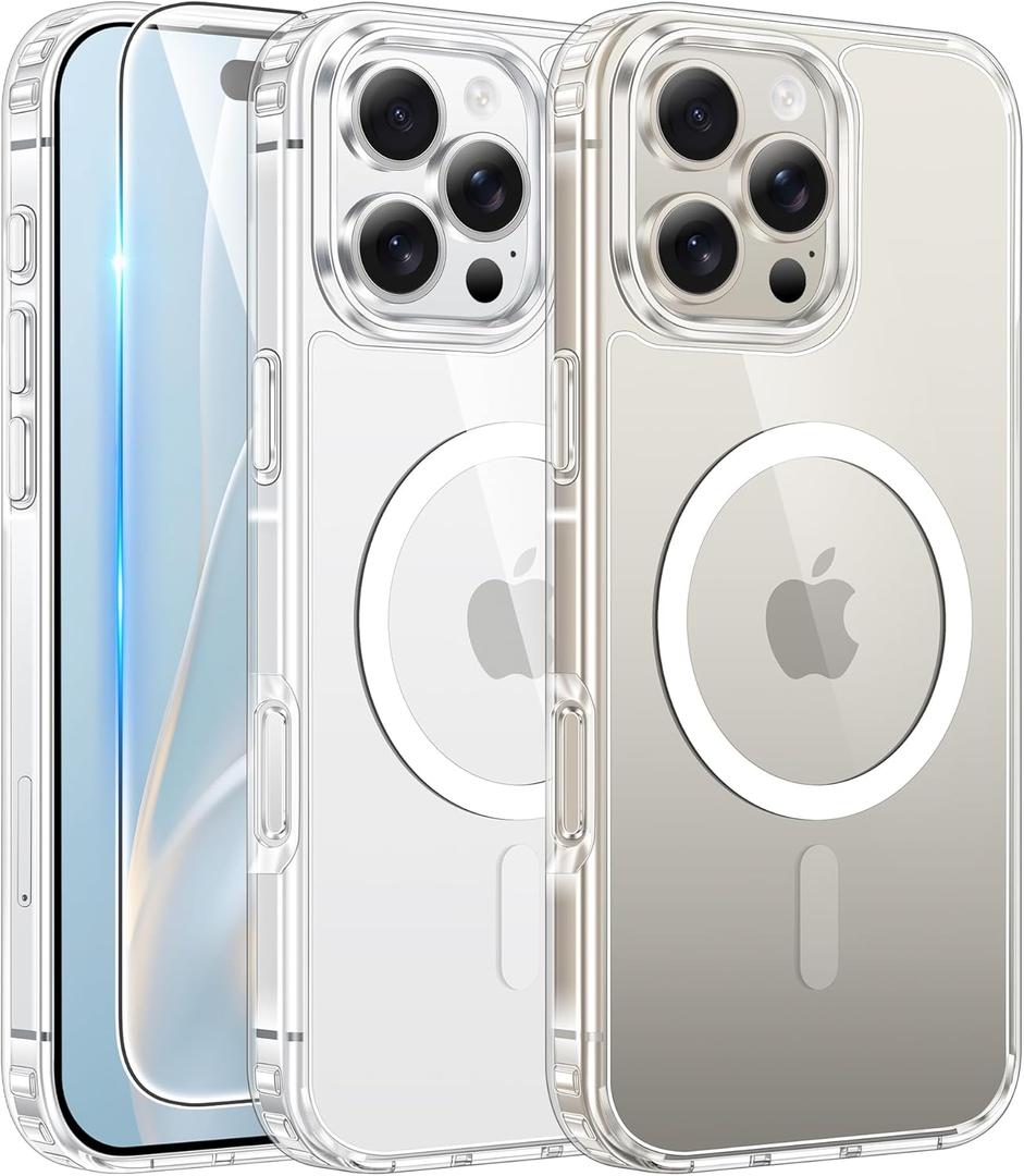 FNTCASE for iPhone 16 Pro Case: Clear Magnetic Phone Cases with Screen Protector Slim Anti Yellowing Rugged Shockproof Protective Transparent Cell Phone Cover (A-Clear)