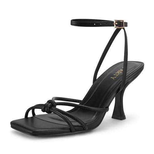 PARTY Women's Square Open Toe Strappy Heeled Sandals 3 inch Stiletto Kitten Heel with Ankle Buckle Strap, Comfortable Slingback Summer Dress Shoes, Black, 8
