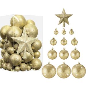 Outus 61 Pcs Glitter Christmas Ball Tree Ornament Set Shatterproof Hanging Ornaments Ball Bulk Plastic Xmas Tree Star Topper for Holiday Wedding Birthday Party Decorations(Gold)