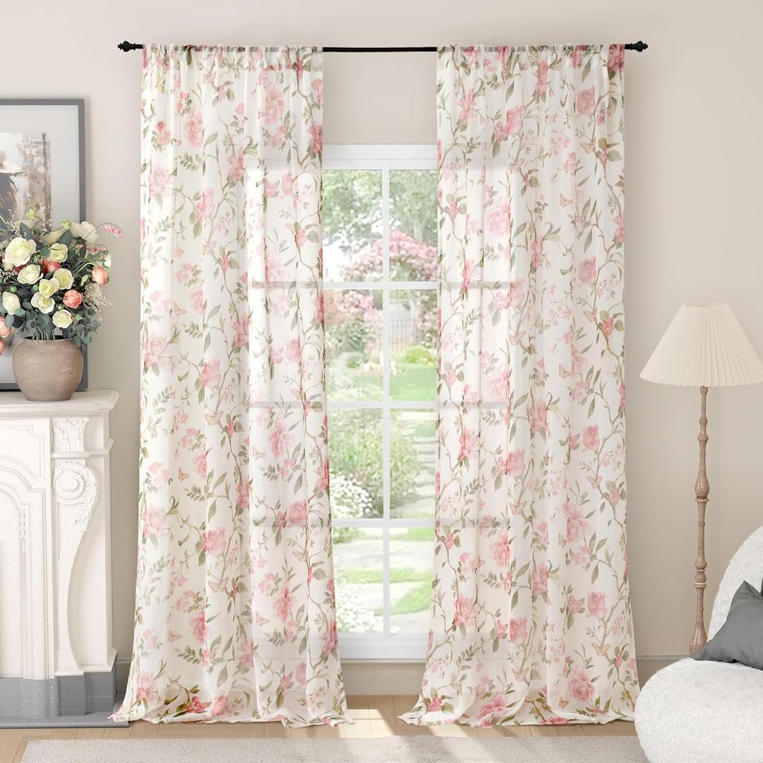 Lajode Floral Sheer Curtains for Girls Bedroom, Vintage Farmhouse Light Filtering Privacy Semi-Sheer Cute Linen Curtains for Kids Nursery 84 Inches Long 2 Panels, Rod Pocket, Pink, Each 52 Inch Wide