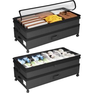 Kitstorack 2Pack Height-adjustable Under Bed Storage with Wheels, Under Bed Storage Containers,Under Bed Shoe Storage Organizer with Clear Window&Label, Suitable for Clothes Storage, Black