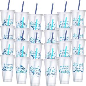 24 Pcs Blue Glitter Winter Cups Bulk with Lid and Straw 24 oz Reusable Winter Plastic Tumbler with Sayings for Holiday Wonderland Baby Shower Party Supplies, 6 Styles (Christmas Words)
