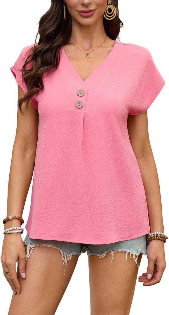Women's Dressy Casual Shirt Sleeveless V-Neck Button Down Work Tops Business Casual Summer Tops (Pink, M)