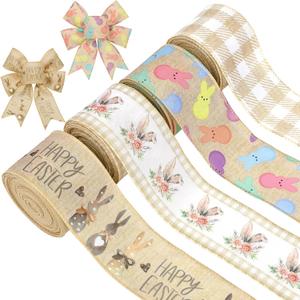 Peony Man Easter Wired Edge Ribbon Farmhouse Bunny Burlap Ribbons 2.5" Plaid Rustic Peeps Wired Ribbon for Easter Holiday Gift Wrapping Wreath Bow Decor DIY Craft, 24 Yards