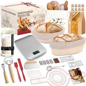 Sourdough Starter Kit with Scale, Glass Jar and Banneton Bread Proofing Basket - Complete Sourdough Bread Baking Supplies, Sour Dough Making Essentials Tools, Gift for Bakers Beginner Women Wife Mom