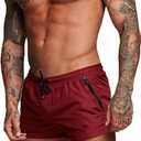 Rexcyril Men's Athletic Gym Workout Shorts 3 Inch Quick Dry Running Bodybuilding Short Pants with Liner and Zipper Pockets, Win Red, Small