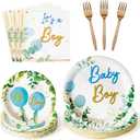 G1ngtar 96Pcs It's a Boy Greenery Baby Shower Party Plates Supplies - Sage Green Watercolor Blue Balloon Party Tableware Decorations Disposable Paper Plates Napkins Fork for Birthday, Serves 24 Guests