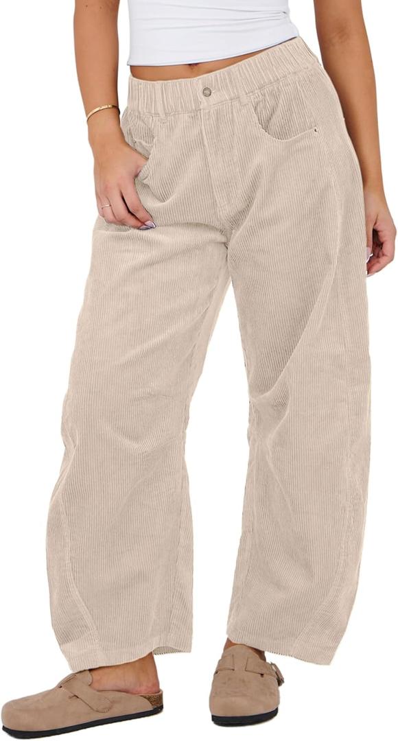 SeekMe Women's Corduroy Pants Barrel Mid-Rise Elastic Waist Cord Pants Casual Wide Leg Baggy Trouser with Pockets (X-Large, Beige)