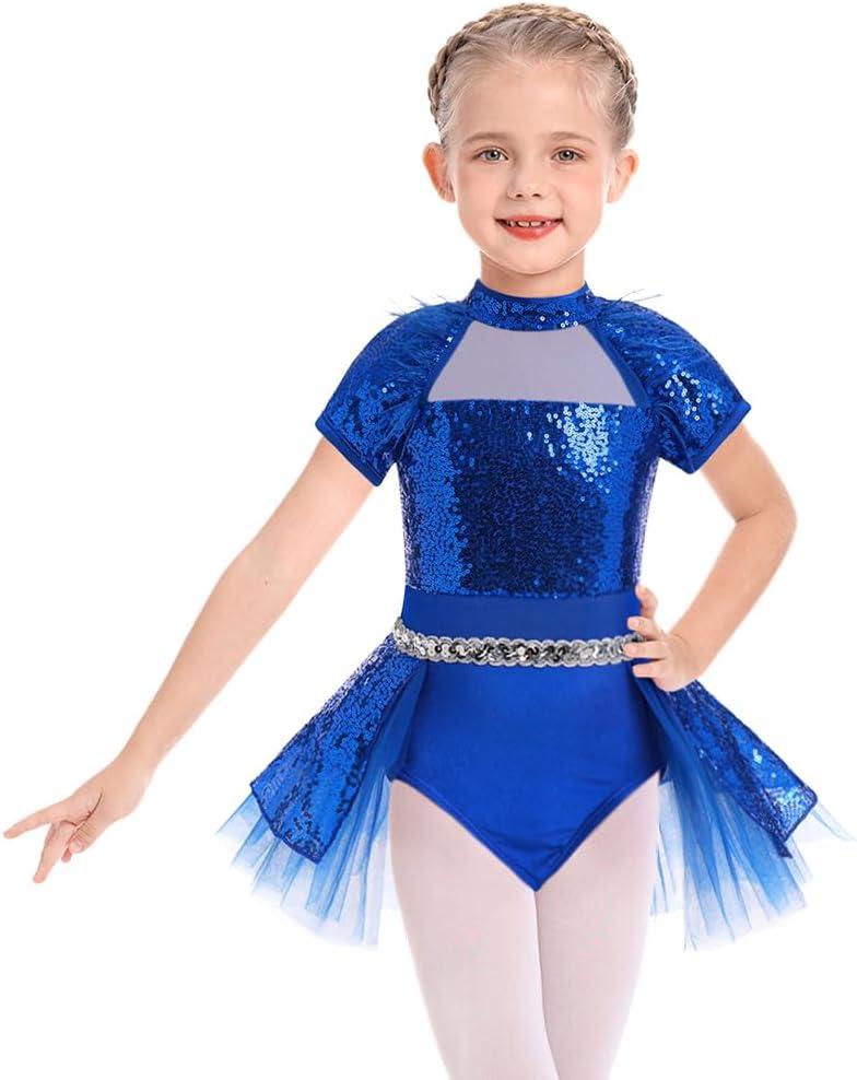 AFAVOM Toddler Girls Sequin Ballet Leotard Sparkly Gymnastics Dance Mesh Leotard Skirted Feather Mock Neck Ballerina Outfit (Blue) 3-4Y