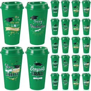 24 Pcs Graduation Tumblers Class of 2025 with Lids,16 oz Reusable Grad Plastic Cups Gifts in Bulk for Students Graduation Party Favors Decorations Supplies(Green)