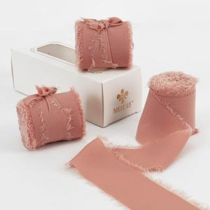 MEEDEE 2 Inch Frayed Chiffon Ribbon Rosy Mauve Silk Frayed Ribbon Pink Ribbons for Crafts Chiffon Ribbons for Gift Wrapping Wedding Invitation, Bridal Bouquet (3 Rolls 21 Yards)