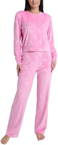 Juicy Couture Women's 2 Piece Velvet Fleece Long Sleeve Pullover Top and Pants Lounge Sleepwear Set, Small