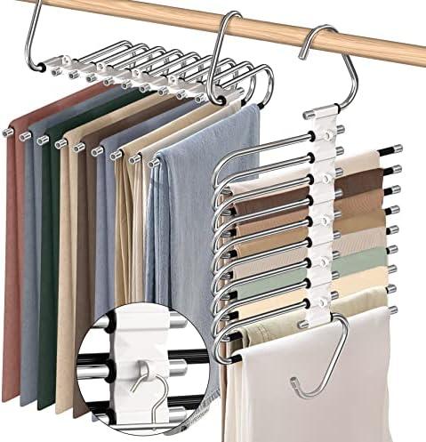 9 Layers Pants Hangers Space Saving, 2 Pack Multifunctional Pant Rack Stainless Steel Closet Organizer for Pants Jeans Leggings Trousers, Antiquewhite