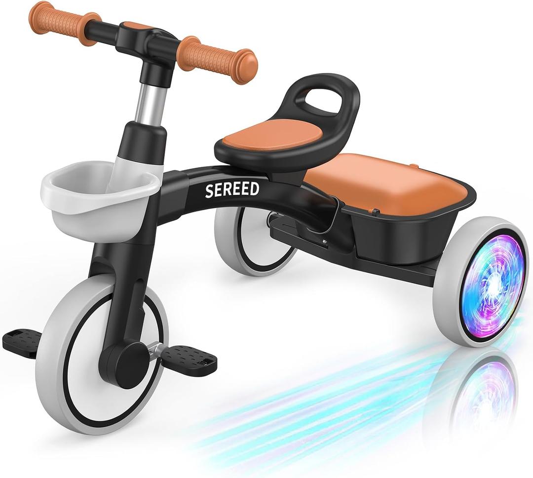 SEREED Colorful Lighting Toddler Tricycle for 2-5 Years Old Boys, Adjustable Seat&Handlebar Trike, Removable Basket, Birthday Gift Idea for Kids Ages 2+ (Black), Small