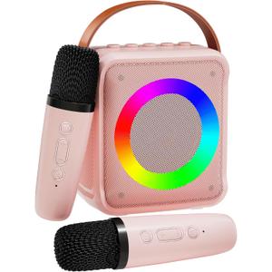Mini Karaoke Machine for Kids Adults, Portable Bluetooth Speaker with 2 Wireless Microphones, Microphone Speaker Set with LED Disco Lights for Home Party, Birthday Gifts for Girls Boys Kid(Pink)