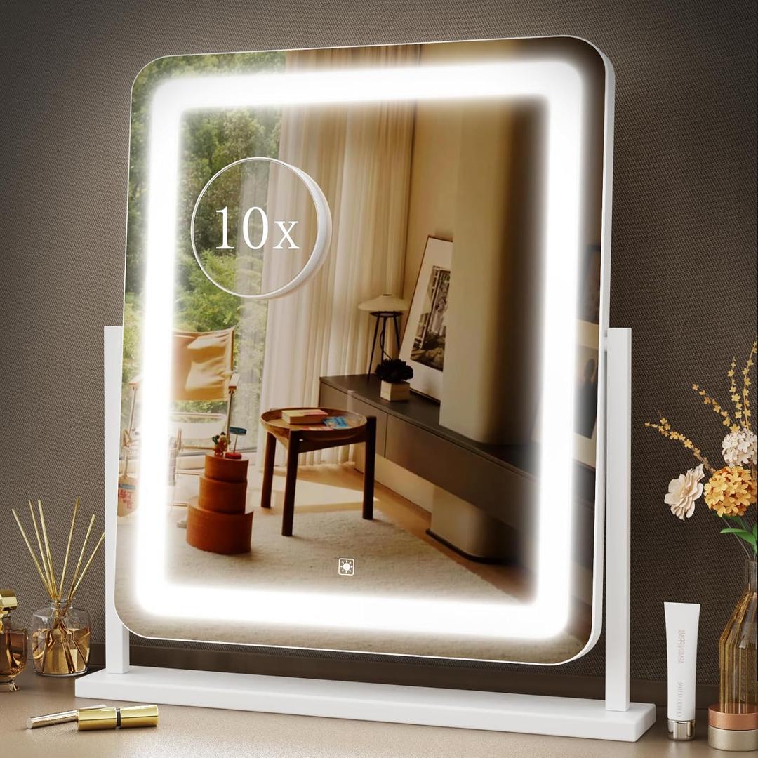 Makeup Vanity Mirror with Lights 15.2" Large LED Lighted Mirror, Hollywood Make Up Mirror with Lighting for Bedroom Tabletop, Smart Touch, 360 Rotation, (White)