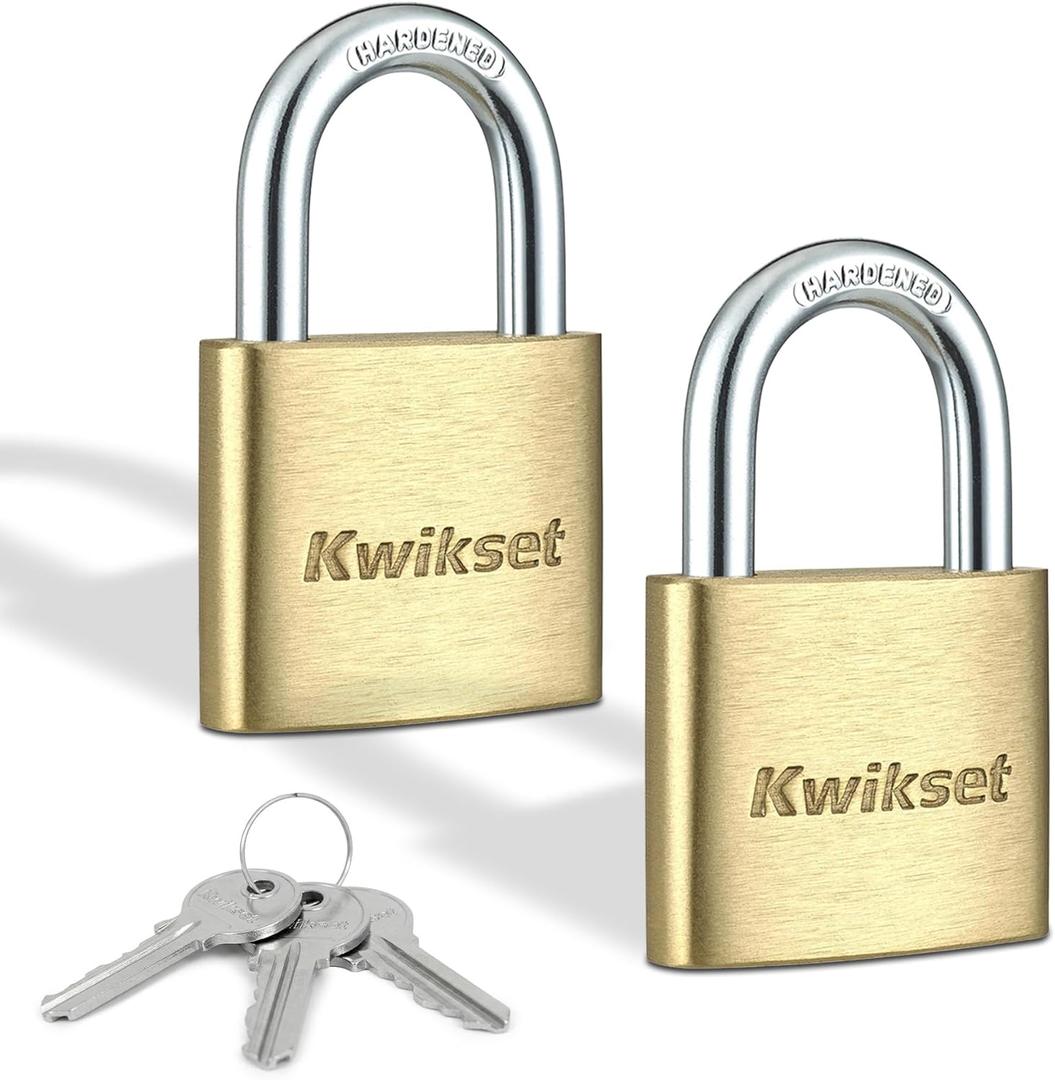 Kwikset Brass Padlock with Hardened Steel Shackle, Indoor Outdoor Cabinet and Storage Lock, 1-9/16 in Body, 7/8 in Shackle, 2 Pack Keyed Alike, Brass