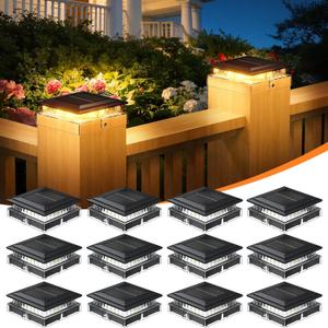 12 Pack 4x4 Solar Post Cap Lights Outdoor, Fence Post Solar Lights with Warm Light Mode, Waterproof Fence Deck Post Lights Solar Powered Fits 4x4 3.5x3.5 Vinyl Wooden Posts for Patio Porch
