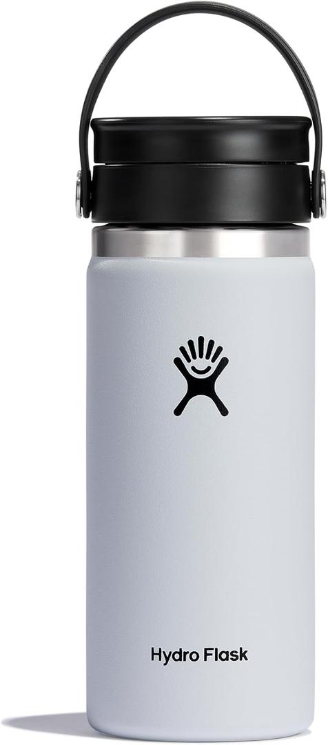 Hydro Flask Water Bottle - Insulated Stainless Steel - Wide Mouth Flex Lid, Non Spill, Leakproof and Refillable in 16 Oz White