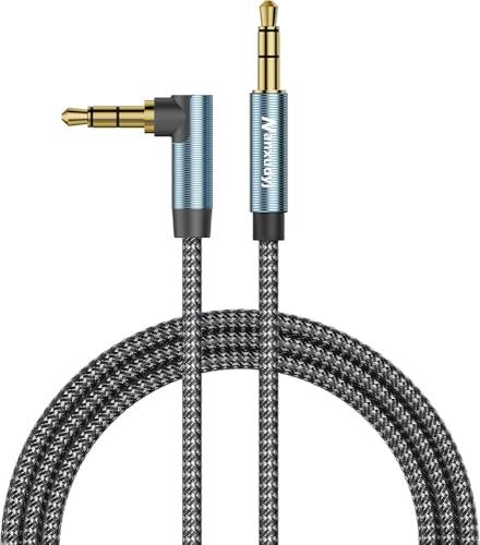 Nanxudyj 15ft 3.5mm Audio Cable, 90 Degree Right Angle Aux Cord, Black-Gray Braided Male to Male TRS Stereo Jack for Car, Headphones, Speakers, Tablets, PC, 24K Gold Plated