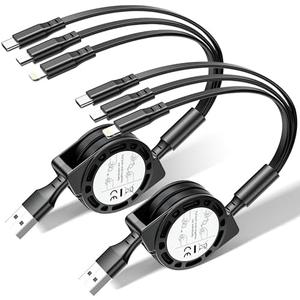 Retractable Multi Charging Cable - 3A [2Pack 3ft] 3 in 1 Fast Charger Cord with Lightning/Type C/Micro USB Ports, Retractable Car Charger for iPhone, iPad, Samsung, Tablets More (Charging Only)