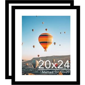 JCJMY 20x24 Picture Frame with 16x20 Mat Set of 2, Display Photo 16x20 with Mat or 20 x 24 Without Mat, Wall Hanging Large 20 by 24 Poster Frame with Plexiglass, 2 Pack, Black