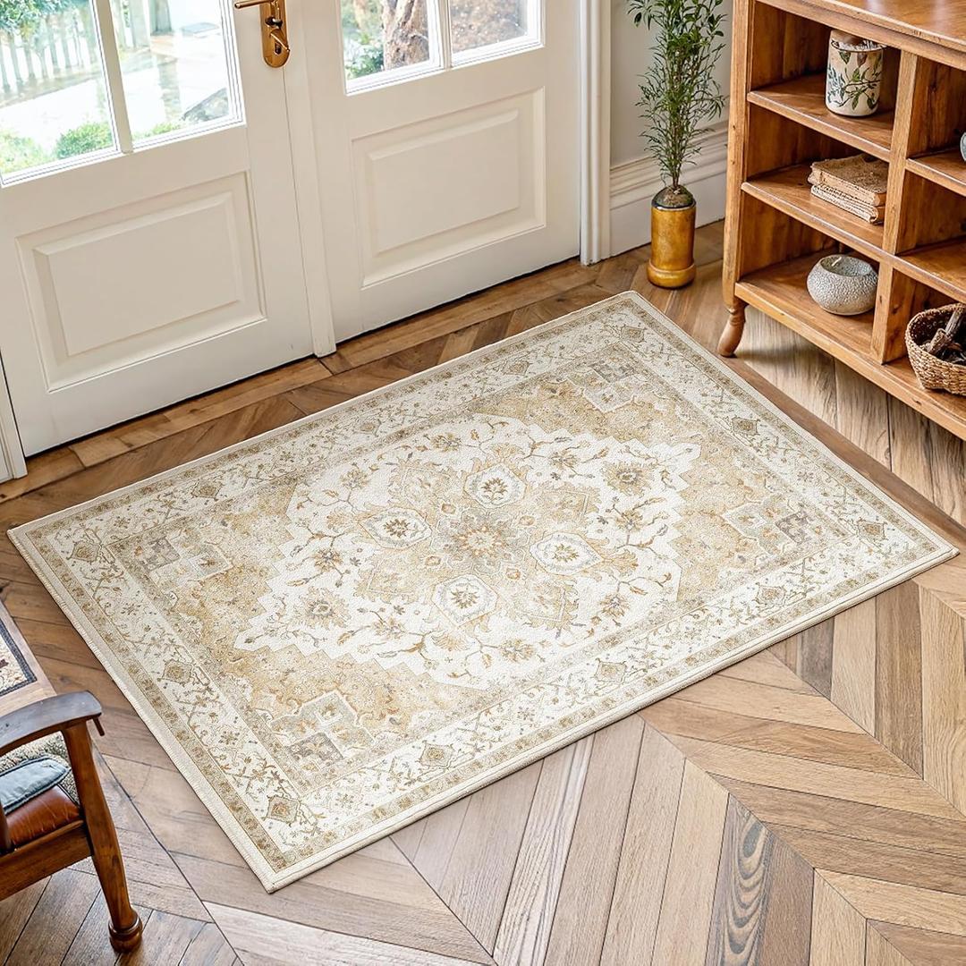 AMADA HOMEFURNISHING 2x3 Washable Area Rug, Low-Profile Entryway Rug with Non-Slip Backing & Durable Edge Binding, Vintage Rug Pattern, Small Rugs for Entryway, Kitchen & Living Room (Beige)