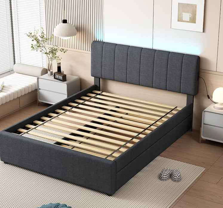 Full Size Twin Trundle And Slats With USB Port On Trundle Gray