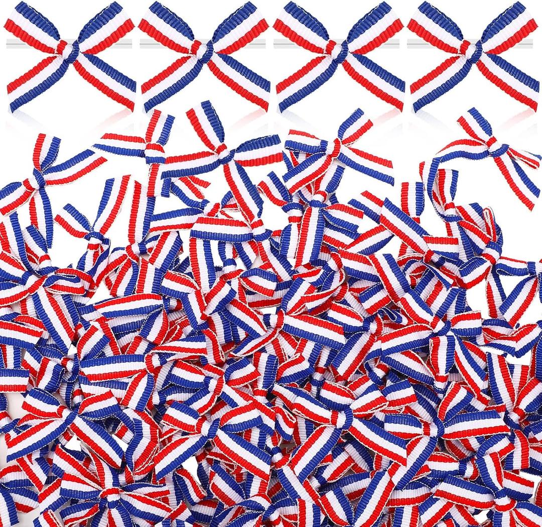 Foilswirl 200 Pcs Mini Red Blue White Bows Small 4th of July 250th Anniversary Patriotic Twist Tie Bows Independence Day Tree Ribbon Bowknot for Gift Wrapping DIY Craft Party Decor(Striped Style)
