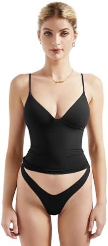 SUUKSESS Women Sexy Deep V Neck Sleeveless Fitted Basic Tops Y2K Tank Top Cami, M