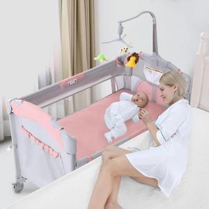 Jaoul 5 in 1 Baby Crib, Bassinet Beside Sleeper, Pack and Play with Bassinet and Changing Table Portable Travel Baby Playpen with Toys & Music Box, Mattress for Girl Boy Infant Newborn Pink, 40.16"L x 29.92"W
