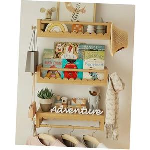Kids' Wall Bookshelves – Set of 3 Scalloped Floating Shelves, 0.8" Thick Nursery Book Shelves with Wooden Hooks, Perfect for Boys & Girls – Decorative Wall Organizer for Toys, Photos & Decor, Brown