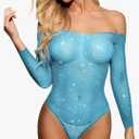 RSLOVE Women Lingerie Fishnet Bodysuit Sparkle Rhinestone Sexy Mesh Teddy Lingerie, M