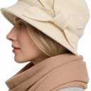 Women Felt Bucket Hat Vintage Floral Wool Dress Winter Hats (Medium, Bow-cream)
