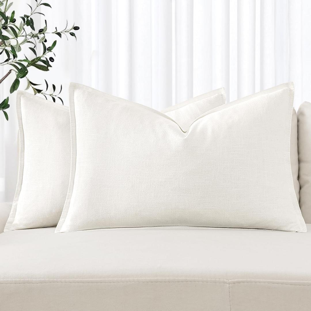 MIULEE Decorative Linen Lumbar Pillow Covers 12x20 Inch Cream White Boho Farmhouse Neutral Couch Throw Pillows for Bed Pack of 2 Accent Modern Pillowcase Sofa Livingroom Home Decor