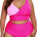 Eytino Womens Plus Size Bikini Sets High Waisted V Neck Bahting Suits Two Piece Color Block Swimsuits (Pink, XL)