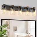 Farmhouse Bathroom Vanity Light Fixtures, Rustic 5-Light Wood Vanity Lights for Bathroom, Vintage Black Wall Sconces Lighting, Light fixtures Over Mirror, with Glass Shade