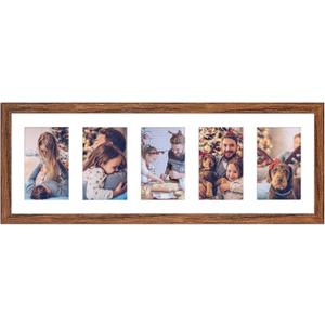 8x24 Collage frame with 5 Openings 4X6 Pictures, Multiple Picture Frame with Mat, Wall or Tabletop Decor, Carbonized Brown Wood Grain (1 Pack)