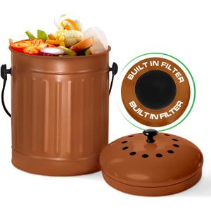 Plexon Countertop Compost Bin with Lid, Copper 1.5 Gallon Odorless Kitchen Compost Container, Steel Food Bucket Pail for Kitchen with Charcoal Filter, Bronze