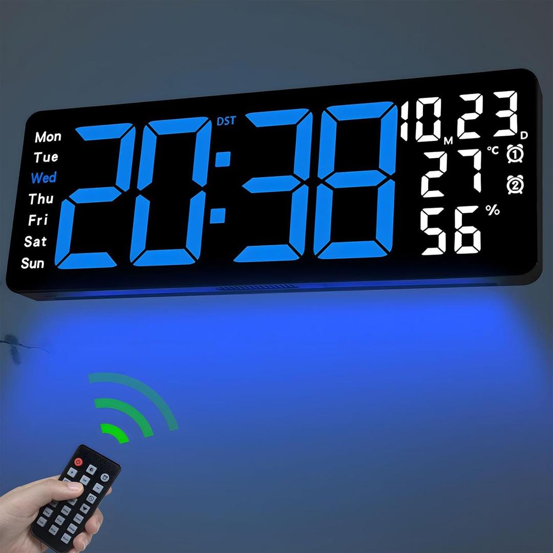 JoFomp 17.3" Large Digital Wall Clock, LED Digital Clock Large Display with Remote Control, Alarm Clock with Temp/DST/Dimmer/Humidity/Timer/Ambient Light - 12/24H, Alarm Wall Clock for Bedroom (Blue)