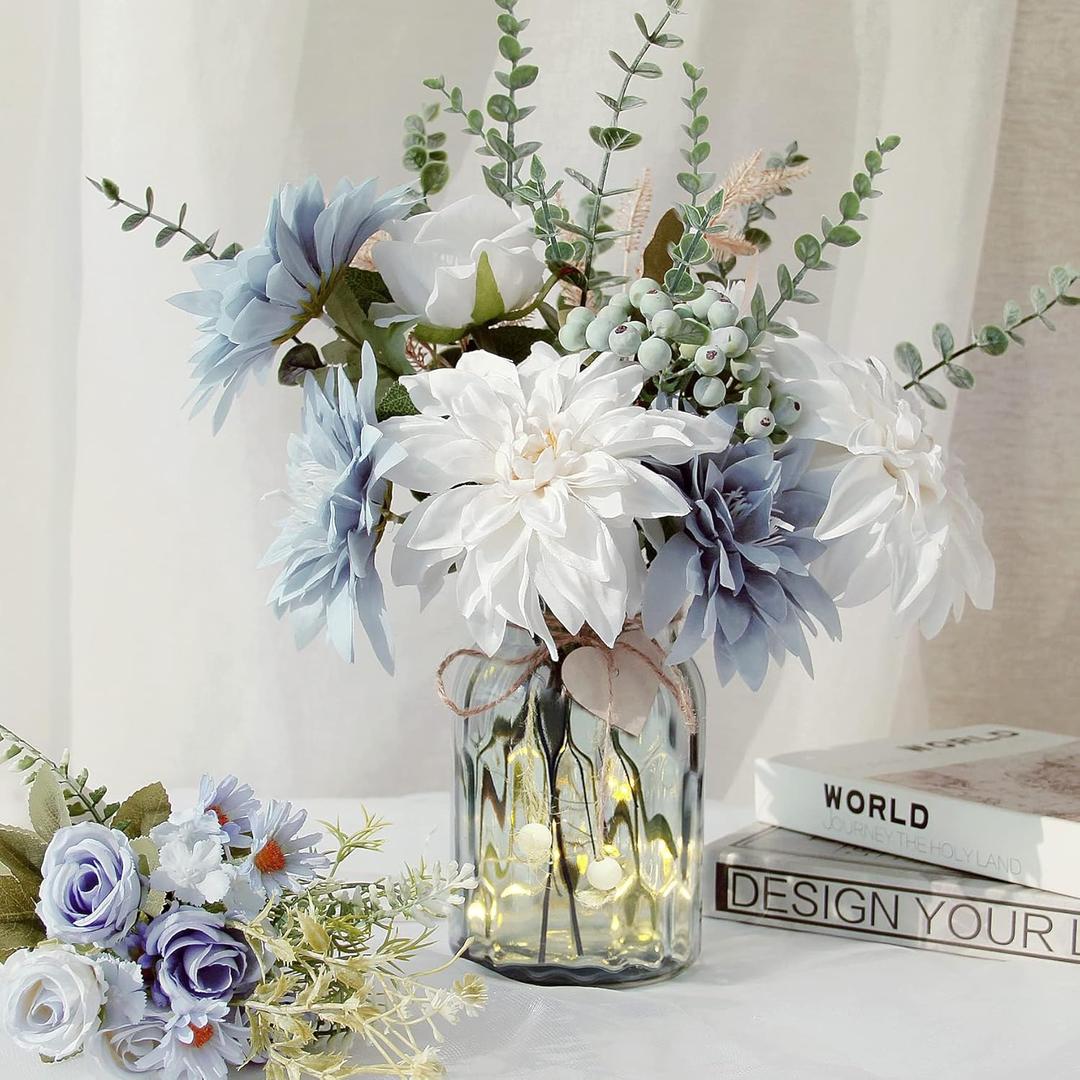 Fake Flowers with Vase, Silk Dusty Blue Rose Hydrangea Artificial Flowers in Vase Faux Dahlia Flowers Arrangement for Home Kitchen Living Room Summer Spring Decor Office Centerpiece Table Decorations