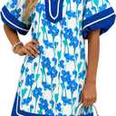 Wenrine Womens Summer Puff Sleeve Casual V Neck Mini Boho Floral Dresses (Blue)