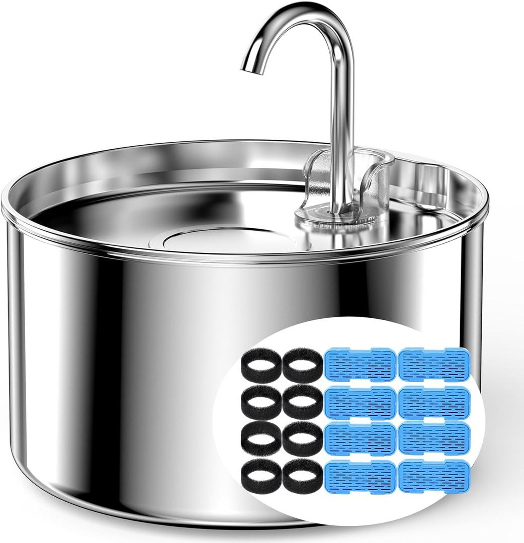 Cat Water Fountain Stainless Steel + Filters + Sponges - Pet Water Fountains Faucet Metal Automatic Cat/Dog Waterer Bowls Pets Watering Running Bottle Water Dispenser for Drinking Ultra Quiet Pump