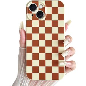 Skyseaco Compatible with iPhone 14 Case Cute Checkerboard Checkered Pattern Design Soft Slim TPU Phone Case Shockproof Full Camera Protection for Women Girls - Yellow&Brown